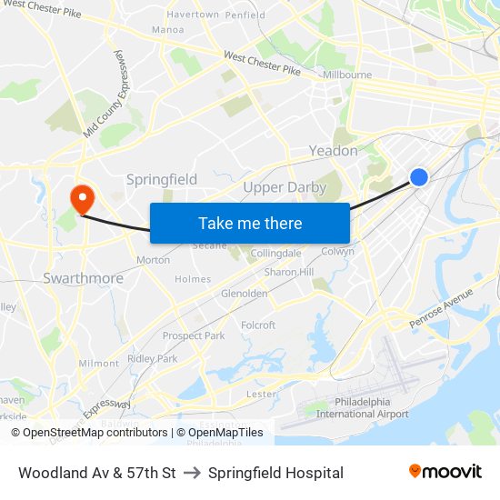 Woodland Av & 57th St to Springfield Hospital map