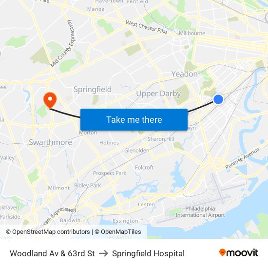 Woodland Av & 63rd St to Springfield Hospital map