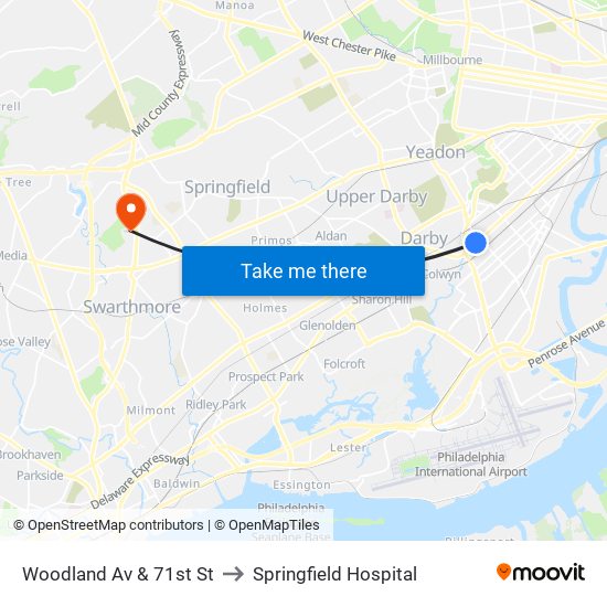 Woodland Av & 71st St to Springfield Hospital map
