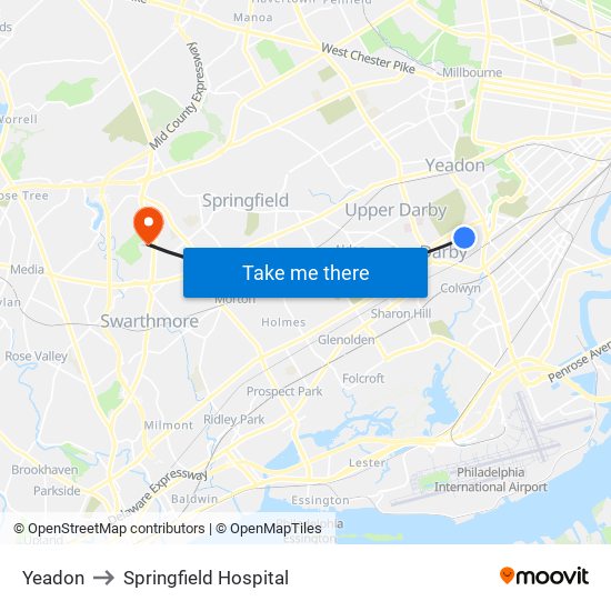 Yeadon to Springfield Hospital map