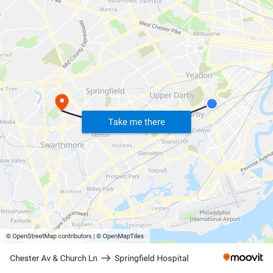 Chester Av & Church Ln to Springfield Hospital map
