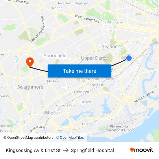 Kingsessing Av & 61st St to Springfield Hospital map