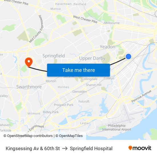 Kingsessing Av & 60th St to Springfield Hospital map