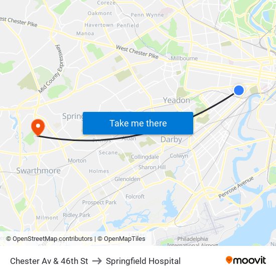 Chester Av & 46th St to Springfield Hospital map