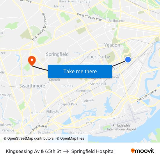 Kingsessing Av & 65th St to Springfield Hospital map