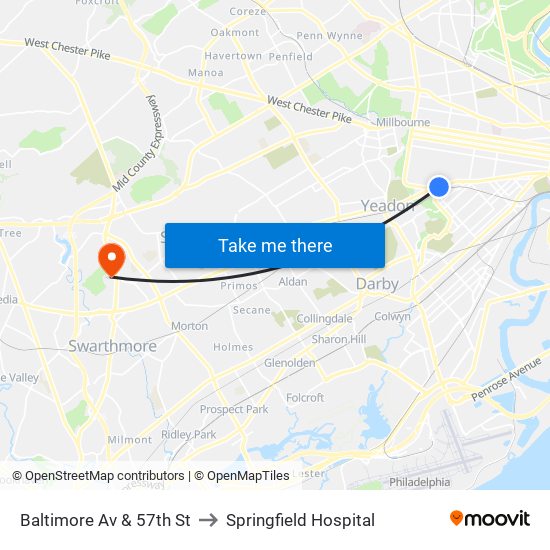 Baltimore Av & 57th St to Springfield Hospital map