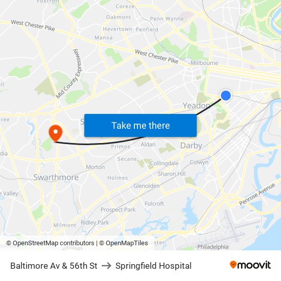 Baltimore Av & 56th St to Springfield Hospital map
