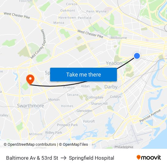 Baltimore Av & 53rd St to Springfield Hospital map