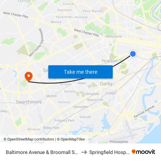 Baltimore Avenue & Broomall Street to Springfield Hospital map