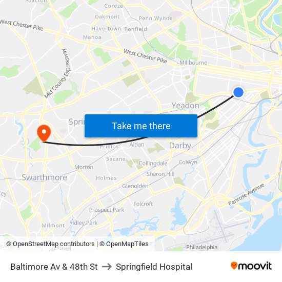 Baltimore Av & 48th St to Springfield Hospital map