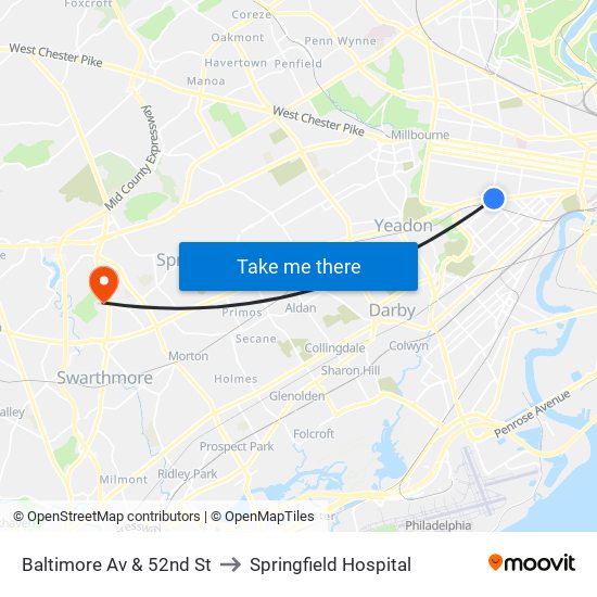 Baltimore Av & 52nd St to Springfield Hospital map