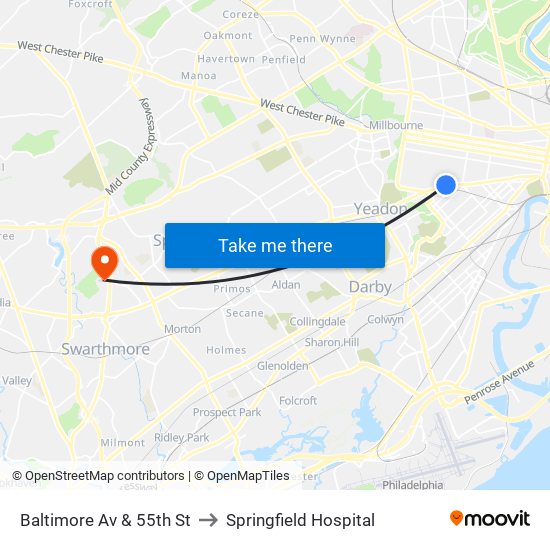 Baltimore Av & 55th St to Springfield Hospital map