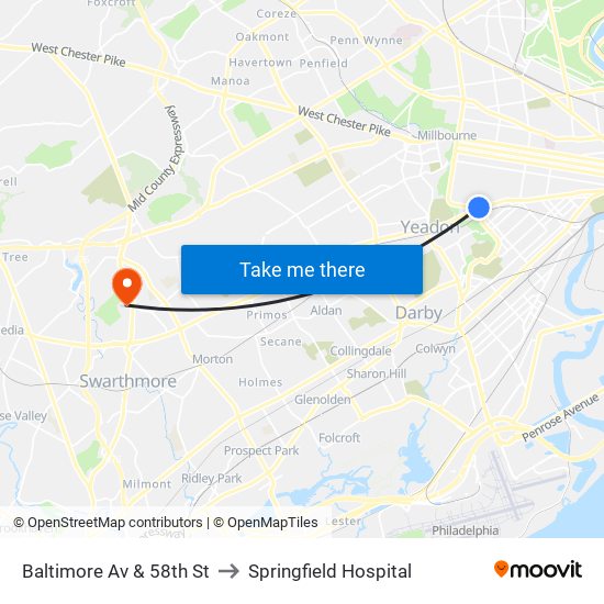 Baltimore Av & 58th St to Springfield Hospital map