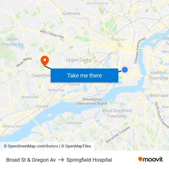 Broad St & Oregon Av to Springfield Hospital map