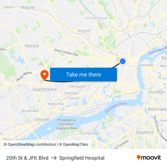20th St & JFK Blvd to Springfield Hospital map