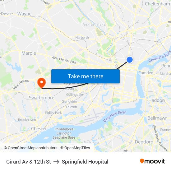 Girard Av & 12th St to Springfield Hospital map