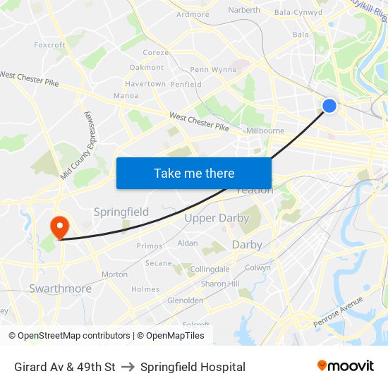 Girard Av & 49th St to Springfield Hospital map