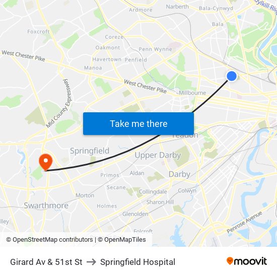 Girard Av & 51st St to Springfield Hospital map