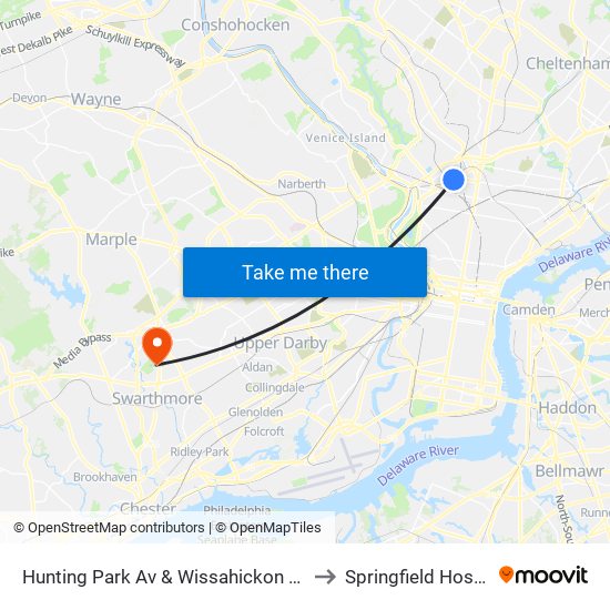 Hunting Park Av & Wissahickon Av - FS to Springfield Hospital map