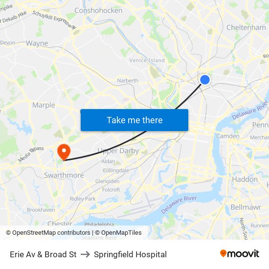 Erie Av & Broad St to Springfield Hospital map