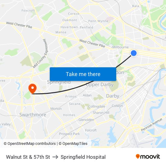 Walnut St & 57th St to Springfield Hospital map