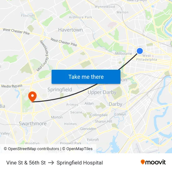 Vine St & 56th St to Springfield Hospital map