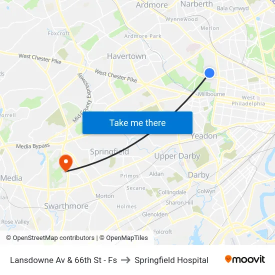 Lansdowne Av & 66th St - Fs to Springfield Hospital map