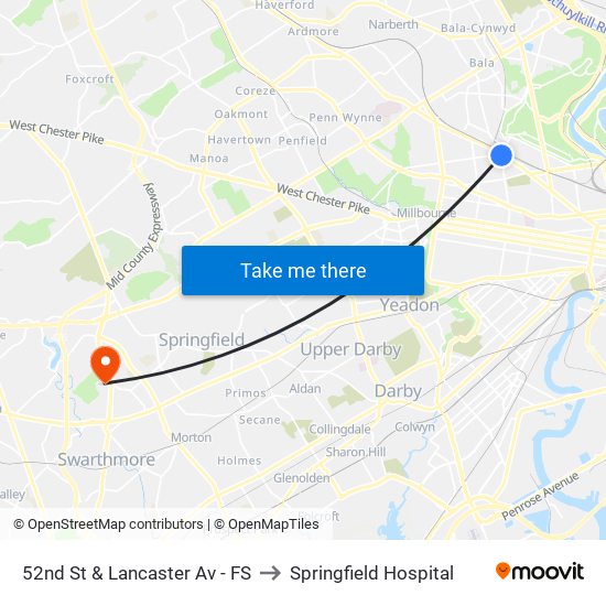 52nd St & Lancaster Av - FS to Springfield Hospital map