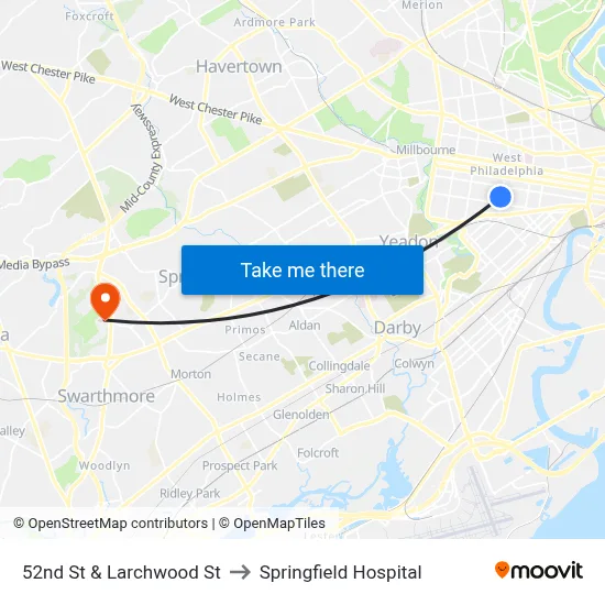 52nd St & Larchwood St to Springfield Hospital map