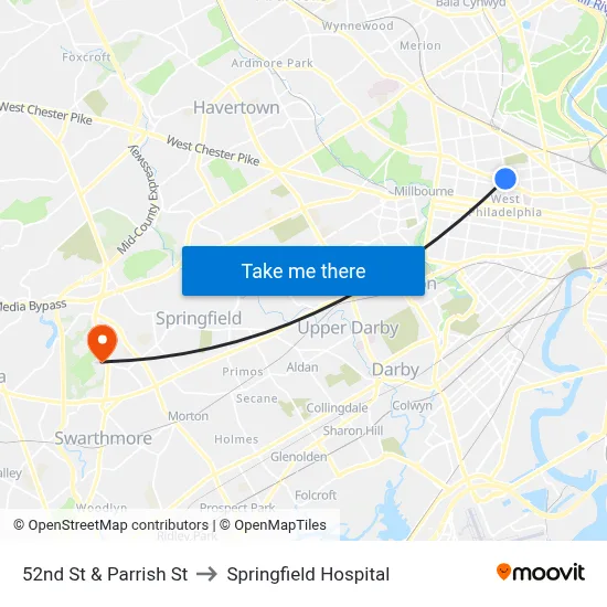 52nd St & Parrish St to Springfield Hospital map