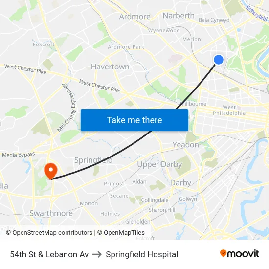 54th St & Lebanon Av to Springfield Hospital map