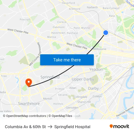 Columbia Av & 60th St to Springfield Hospital map