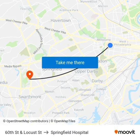 60th St & Locust St to Springfield Hospital map