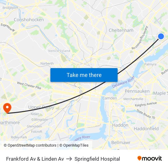 Frankford Av & Linden Av to Springfield Hospital map
