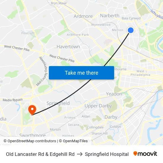 Old Lancaster Rd & Edgehill Rd to Springfield Hospital map