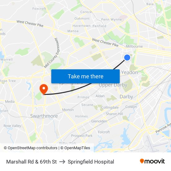 Marshall Rd & 69th St to Springfield Hospital map