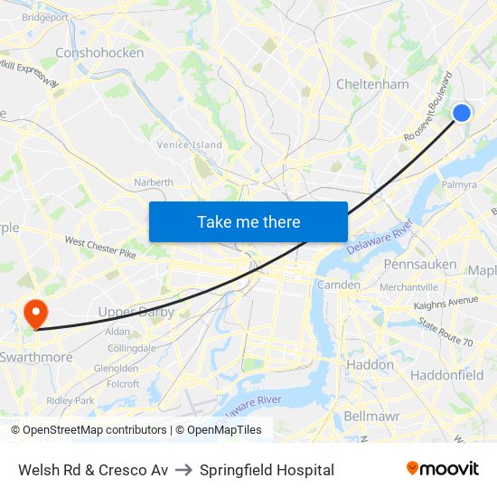 Welsh Rd & Cresco Av to Springfield Hospital map