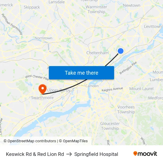 Keswick Rd & Red Lion Rd to Springfield Hospital map