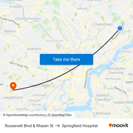 Roosevelt Blvd & Rhawn St to Springfield Hospital map