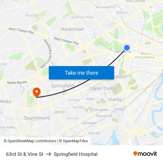 63rd St & Vine St to Springfield Hospital map