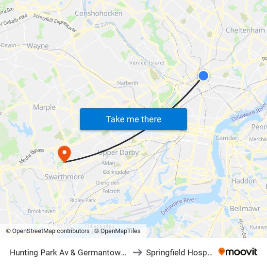 Hunting Park Av & Germantown Av to Springfield Hospital map