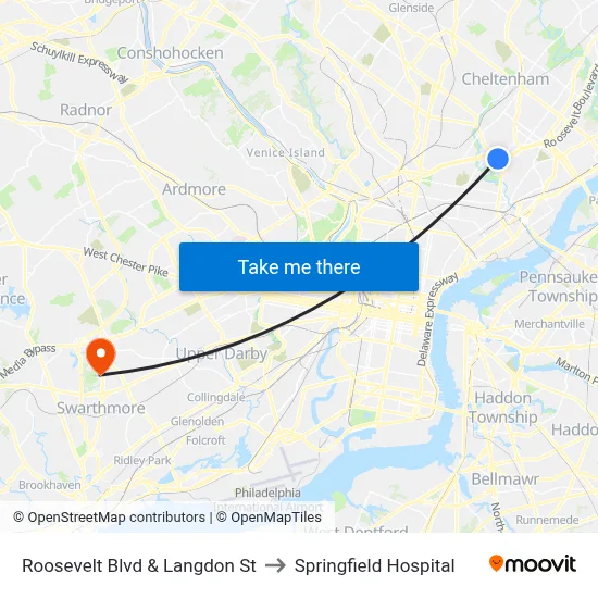 Roosevelt Blvd & Langdon St to Springfield Hospital map