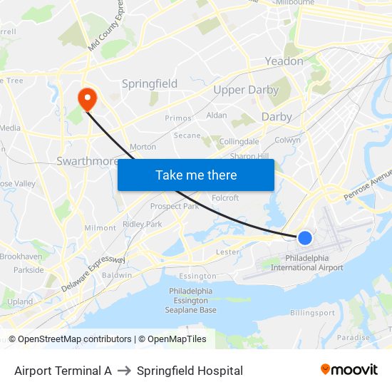 Airport Terminal A to Springfield Hospital map
