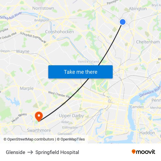 Glenside to Springfield Hospital map