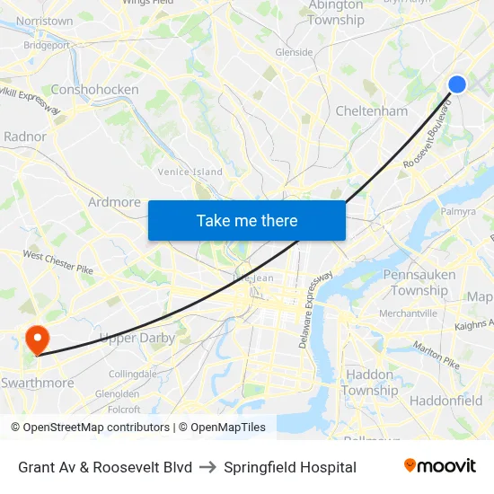 Grant Av & Roosevelt Blvd to Springfield Hospital map