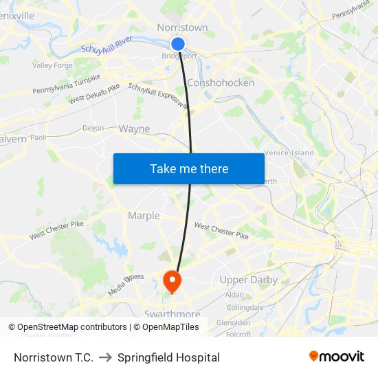 Norristown T.C. to Springfield Hospital map