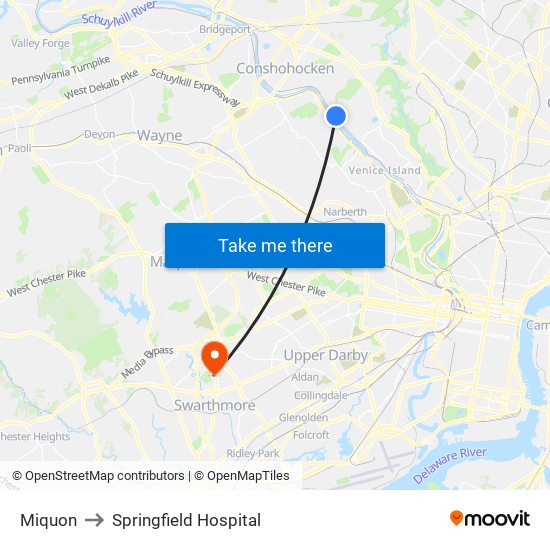 Miquon to Springfield Hospital map