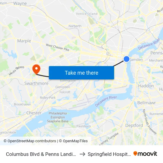 Columbus Blvd & Penns Landing to Springfield Hospital map