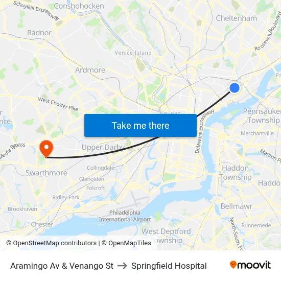 Aramingo Av & Venango St to Springfield Hospital map