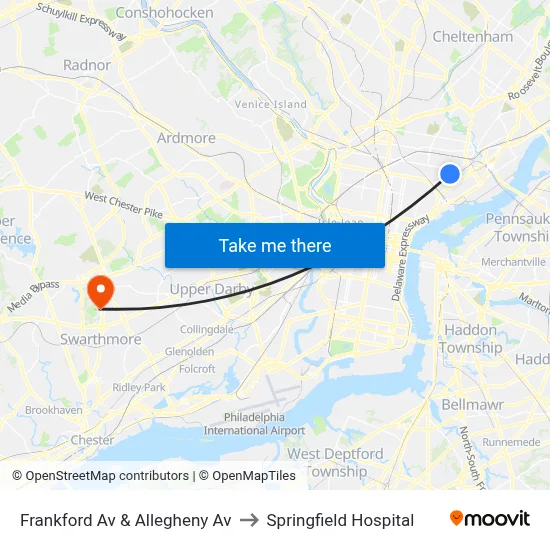 Frankford Av & Allegheny Av to Springfield Hospital map